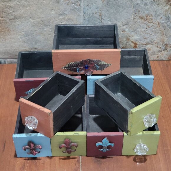 Multi Color 9 Drawer Wood Cabinet Small Chest Box Desk Organizer - Picture 8 of 17